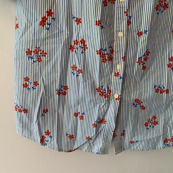 Boden 6 Blue White Stripe Red Floral Button Down Knee Length Shirt Dress Cotton - Picture 5 of 9